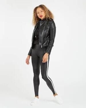 NWT Spanx Faux Leather Black White Stripe Leggings Women’s Size Small